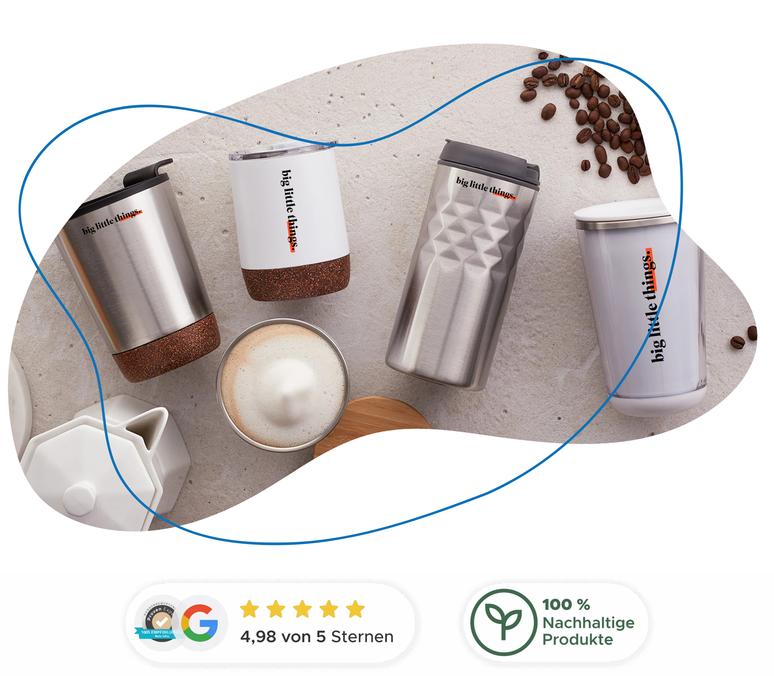 Auswahl an Merchandise Kaffeebechern von Big Little Things – individuell bedruckbar und hochwertig verarbeitet
