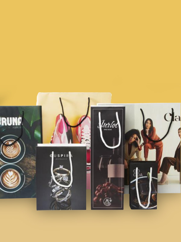 Vielfältige Sammlung von Papiertüten mit Branding, nachhaltige Verpackungslösungen für den Einzelhandel